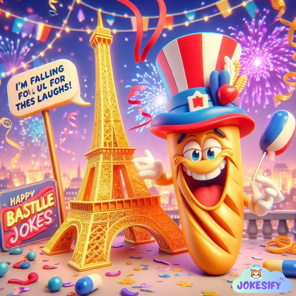 A smiling baguette wearing a patriotic hat next to the Eiffel Tower, celebrating Bastille Day with fireworks.