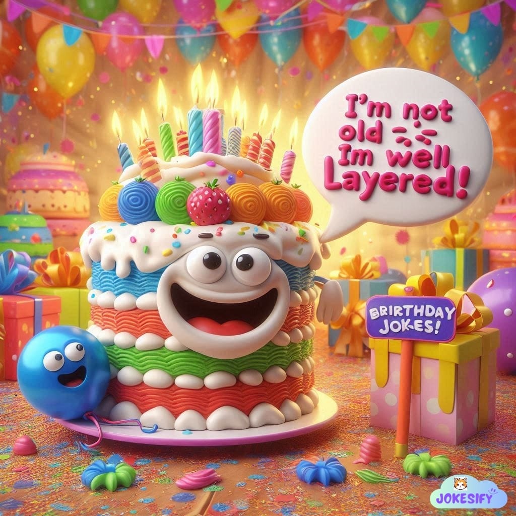 A colorful birthday cake with smiling face and balloons, featuring a playful quote.