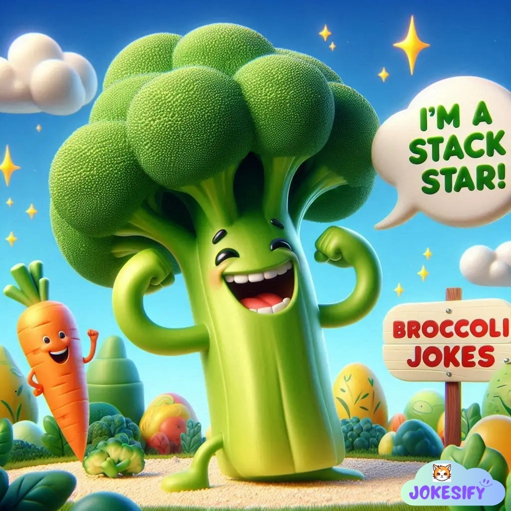 Broccoli flexes its muscles, smiling broadly while a carrot looks on happily.