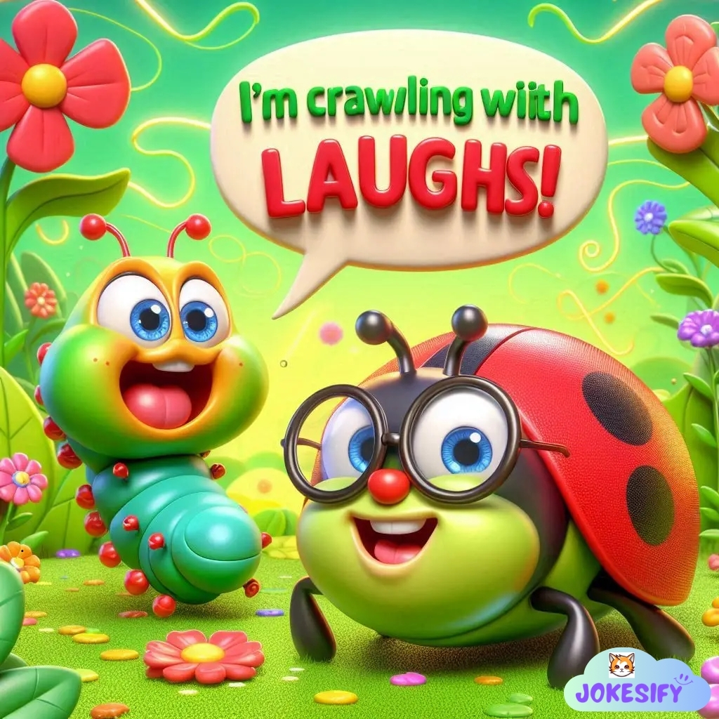A playful caterpillar and ladybug laugh among colorful flowers, with speech bubble saying, "I'm crawling with LAUGHS!"