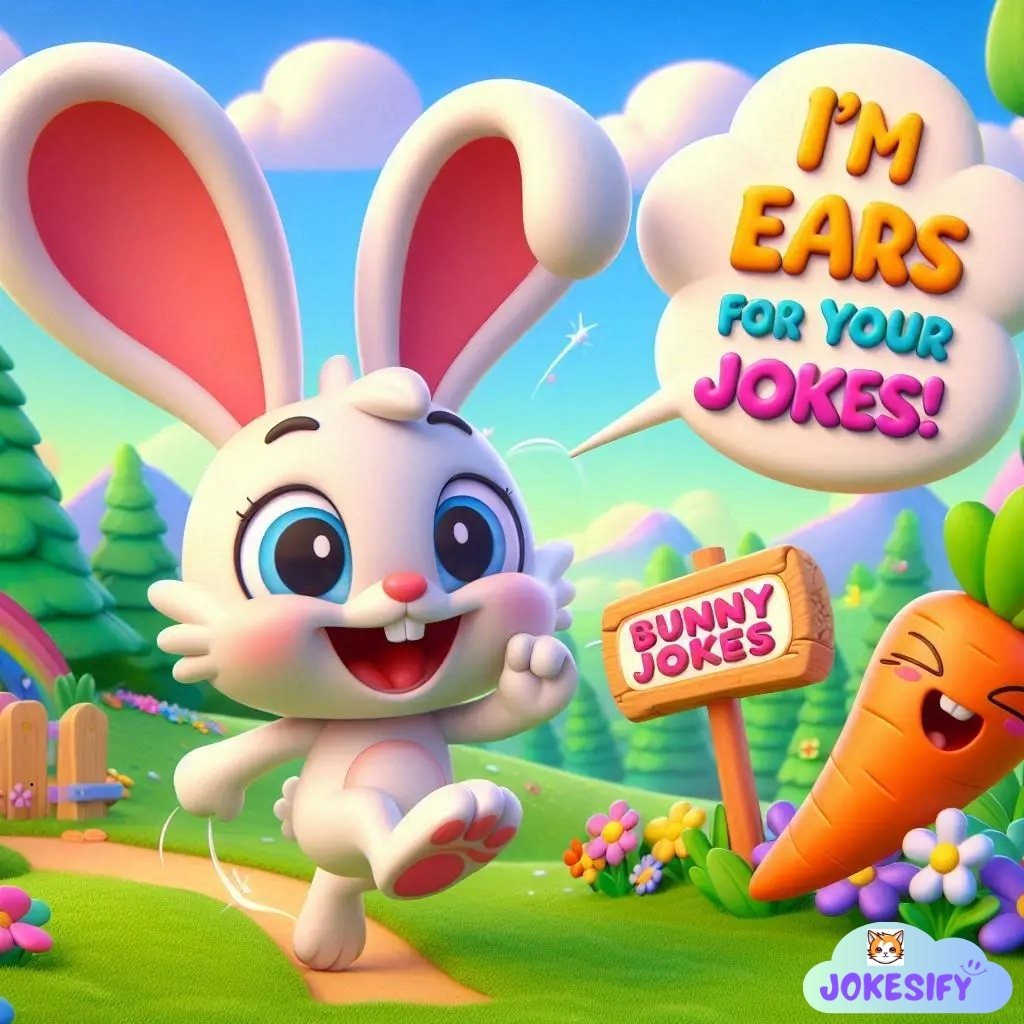 Happy rabbit with big ears invites jokes in a colorful landscape.