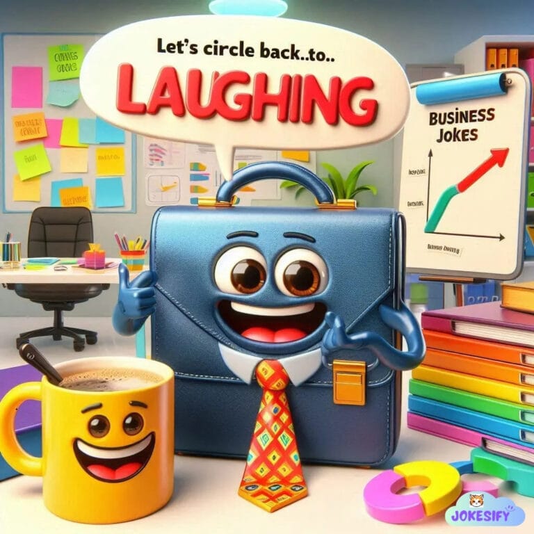 A smiling briefcase character with a tie holds a coffee mug, encouraging laughter in an office setting.