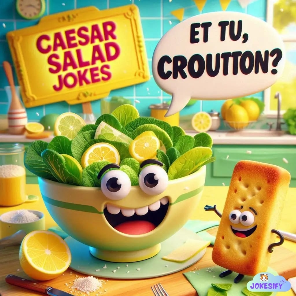 Smiling lettuce in a bowl with lemons, and a cheerful crouton saying, "Et tu, crouton?"