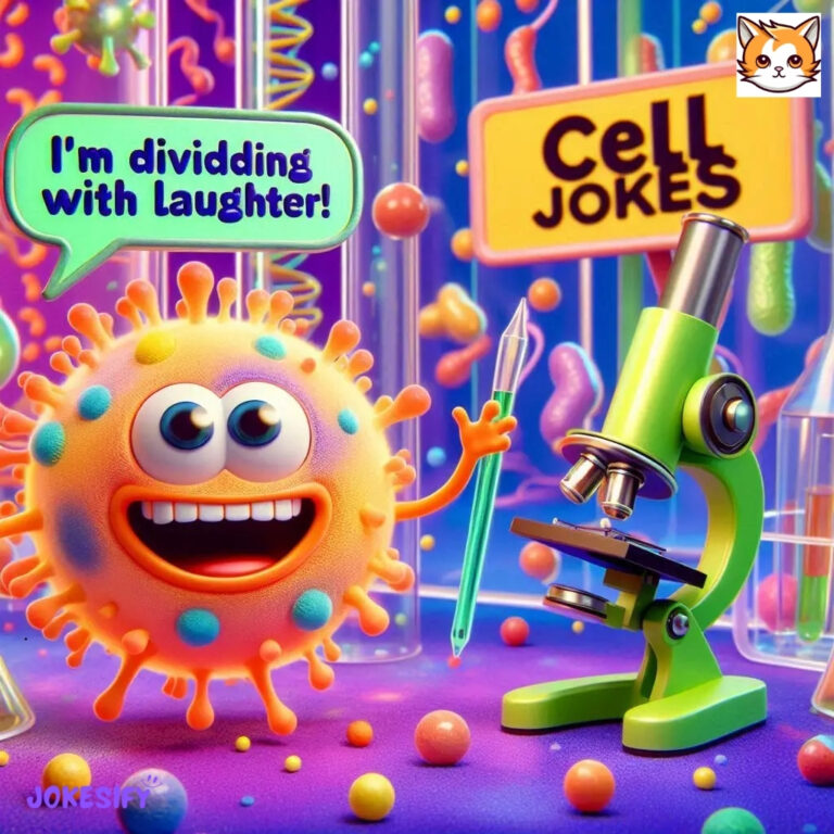 A cheerful cell character holding a pen next to a green microscope.