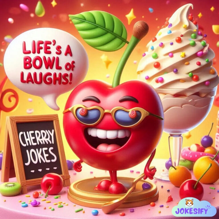 A cheerful cherry character wearing sunglasses, surrounded by ice cream and a sign that says 'Cherry Jokes'.