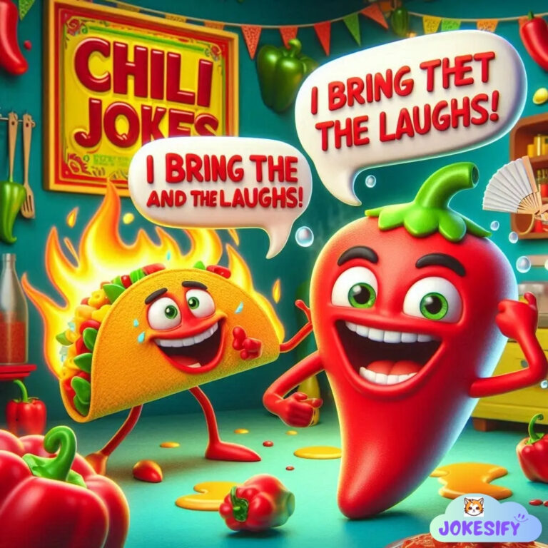Two smiling chili peppers and a taco share laughs in a vibrant kitchen, surrounded by peppers.