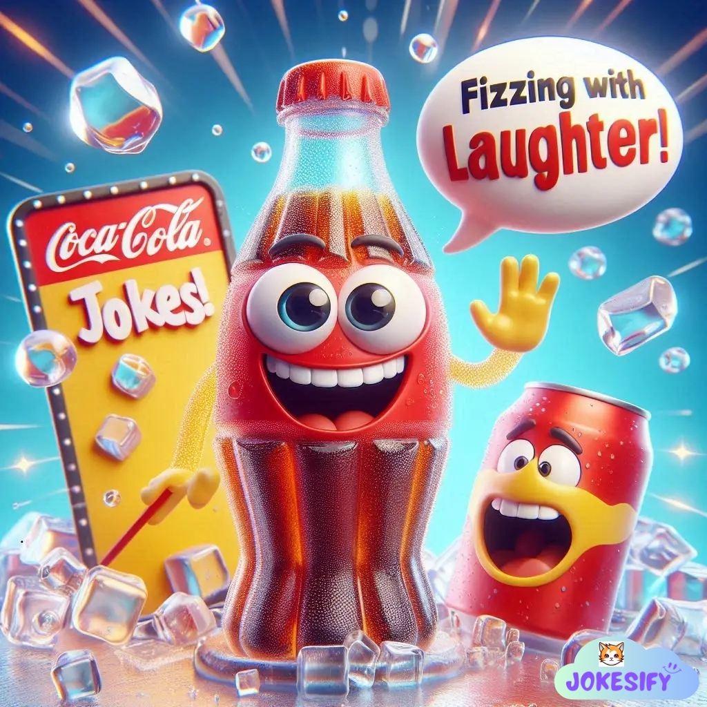 A cheerful soda bottle waves, surrounded by ice and a sign that reads 'Coca-Cola Jokes!'
