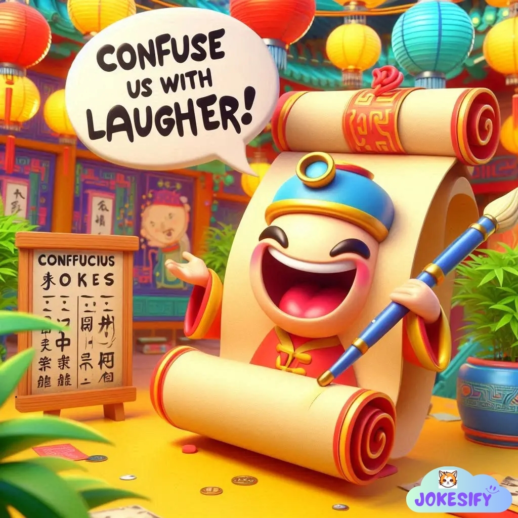 Smiling scholar in colorful setting, encouraging laughter with a scroll.