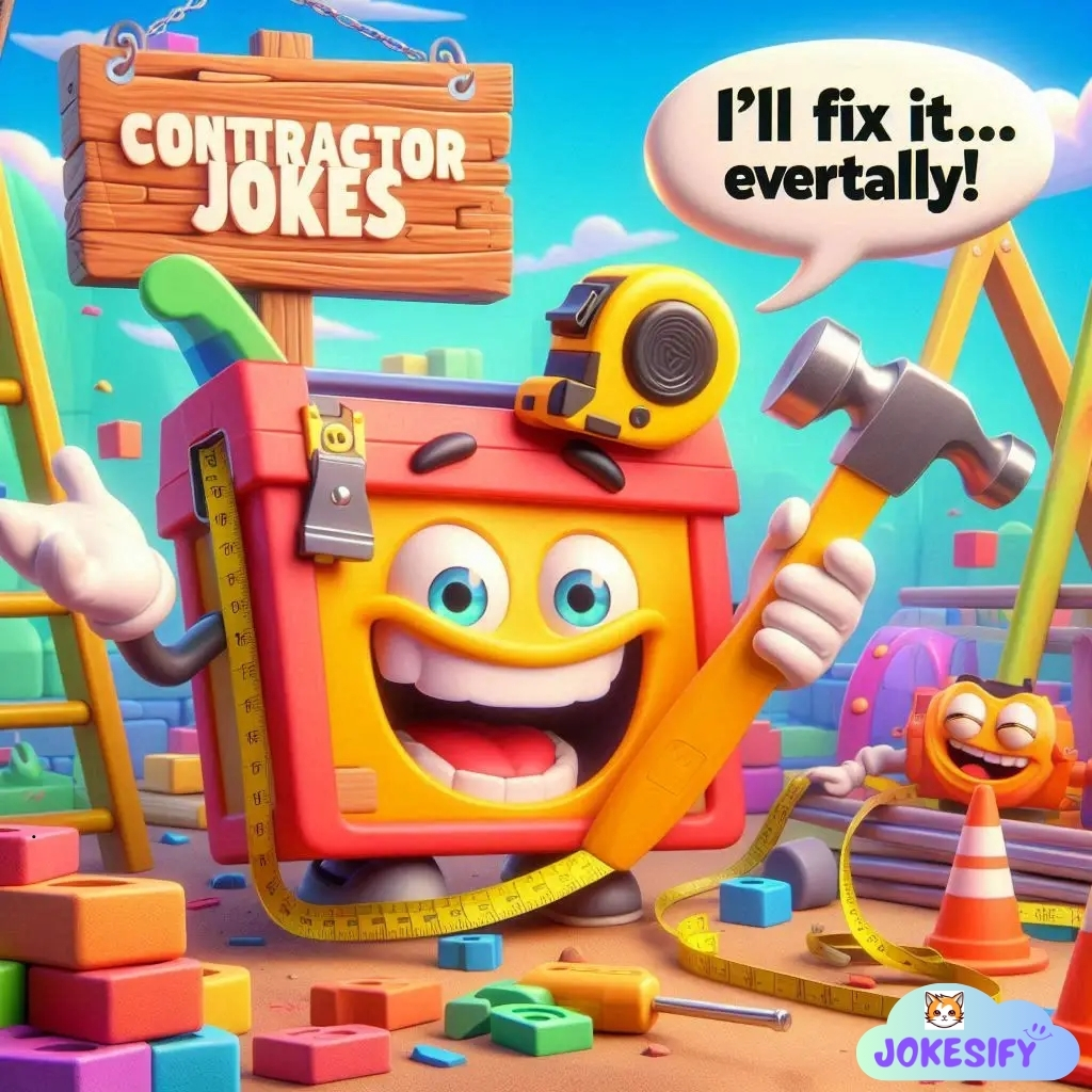 Smiling toolbox character with a hammer, exclaiming about fixing things eventually.