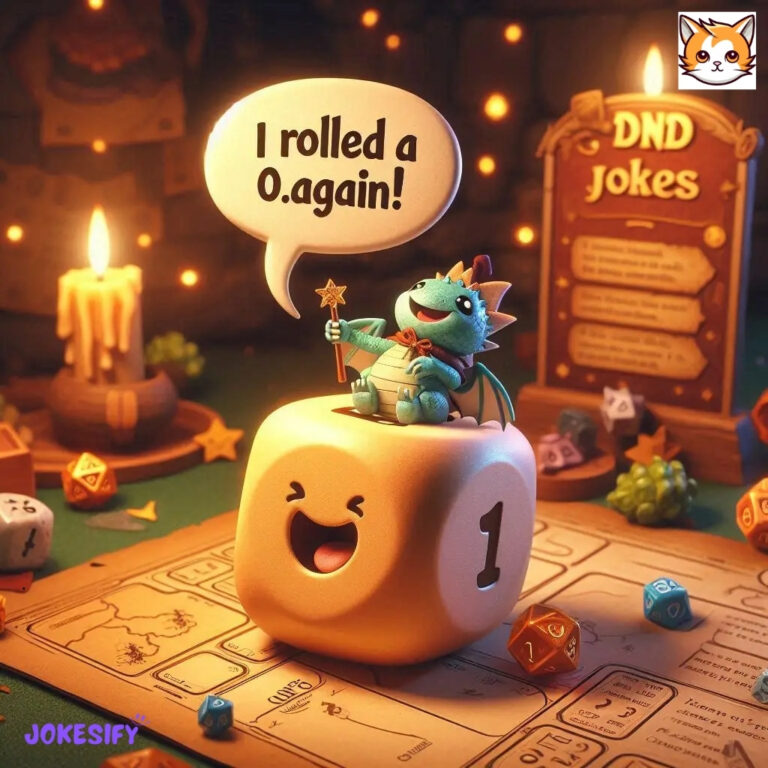 A small dragon atop a dice with a happy face, exclaiming about rolling a 0 again.