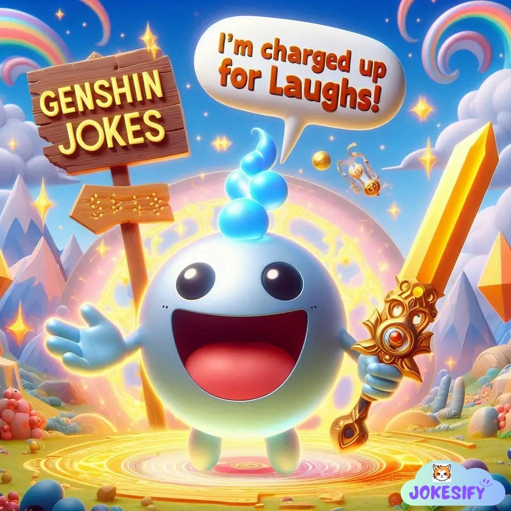 A joyful blue creature holds a sword, surrounded by rainbows and a sign for Genshin Jokes.