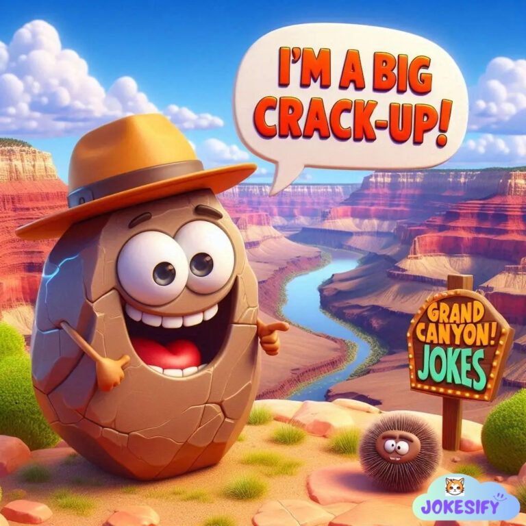 A smiling rock wearing a hat stands at the Grand Canyon, humorously announcing its joke.