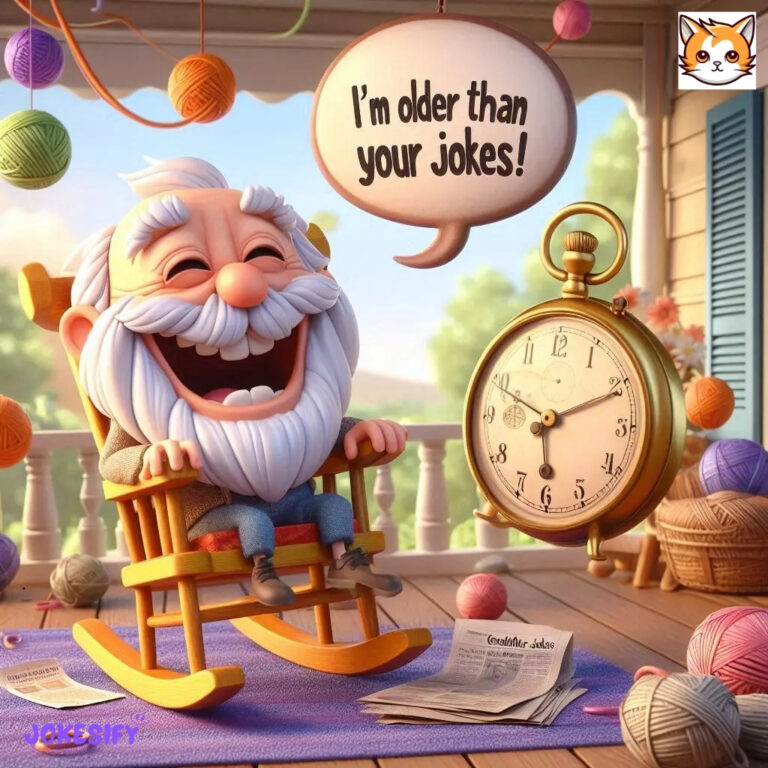 Elderly man in rocking chair exclaims humorously about age.