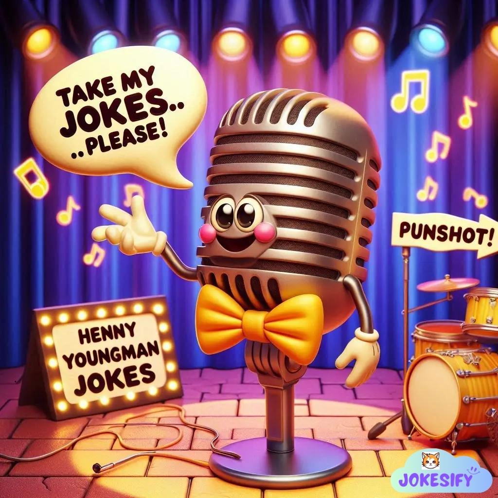 A cheerful microphone with a bowtie and cartoonish eyes, asking for jokes.