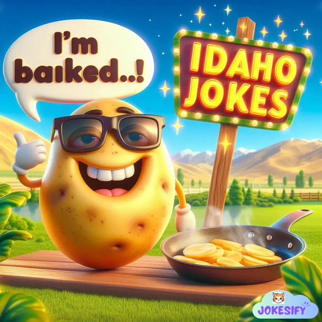 Potato with glasses grinning beside a sign for Idaho jokes, frying pancakes.