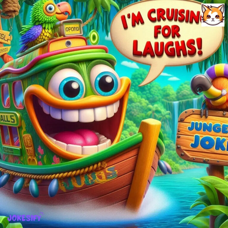 Colorful boat with a happy face, surrounded by lush greenery and animals, saying 'I'M CRUISING FOR LAUGHS!'