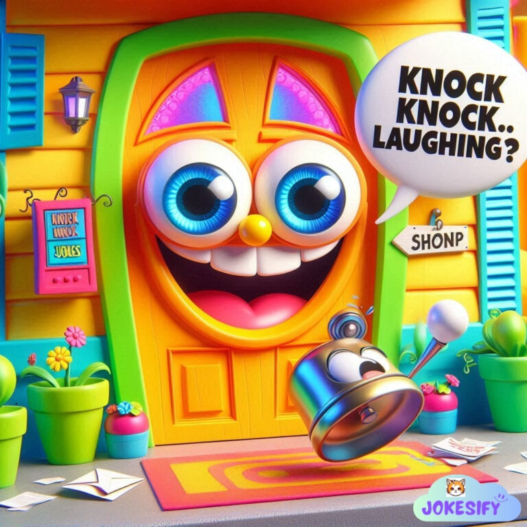 A bright, cheerful door with a big smile and a bell, inviting laughter.