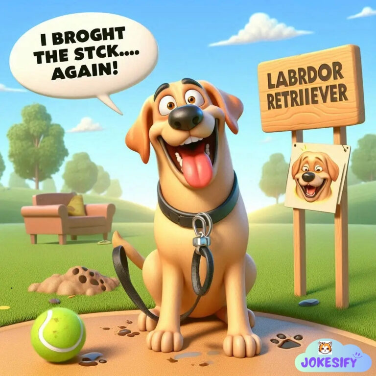 Happy dog with a stick, excited expression, standing in a park with a sign.