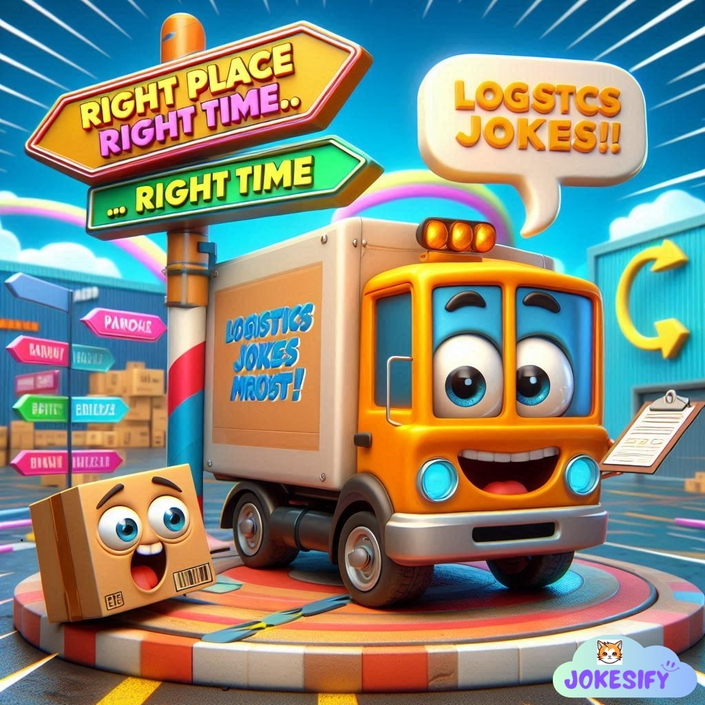 A cheerful delivery truck and a smiling box, promoting logistics jokes.