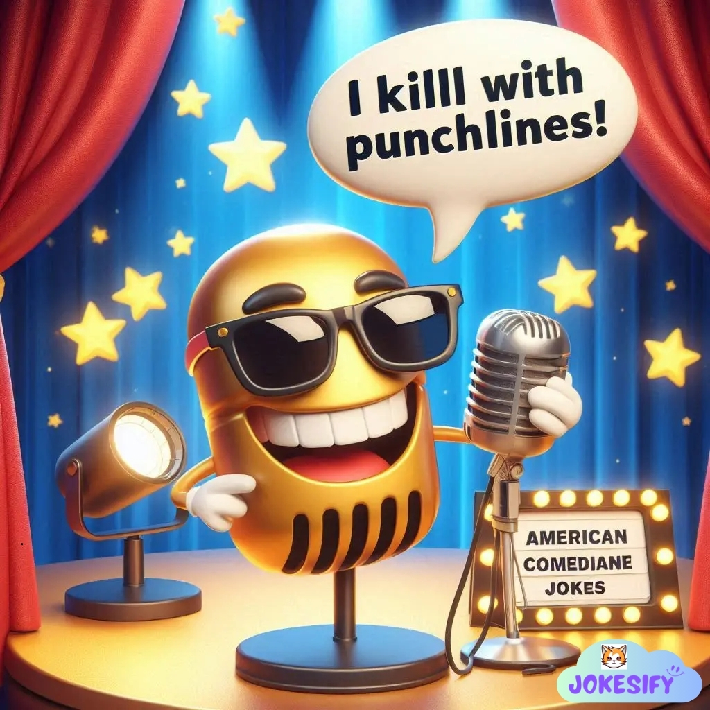 A gleaming microphone with sunglasses boasts about punchlines.