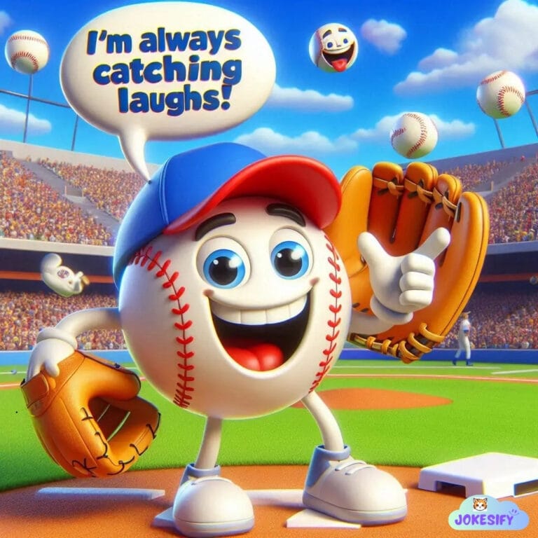 A cheerful baseball with a big grin, wearing a cap and glove, surrounded by baseballs and a cheering crowd.