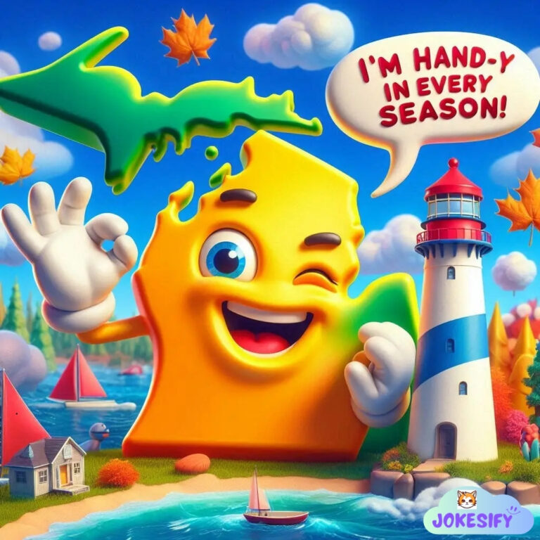 A smiling, cartoonish state with a lighthouse and sailboats in the background.