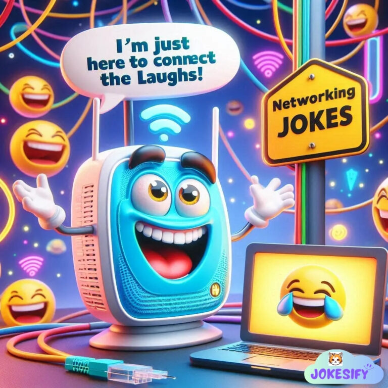 A smiling blue device with antennae and big eyes, saying, "I’m just here to connect the Laughs!"