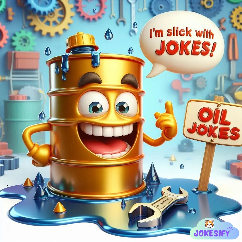 Cheerful, smiling oil barrel character with a wrench, promoting jokes about oil.