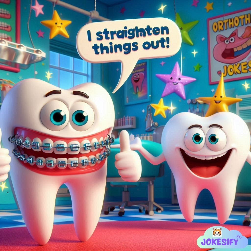 Two smiling teeth with braces and a star, one saying, "I straighten things out!"