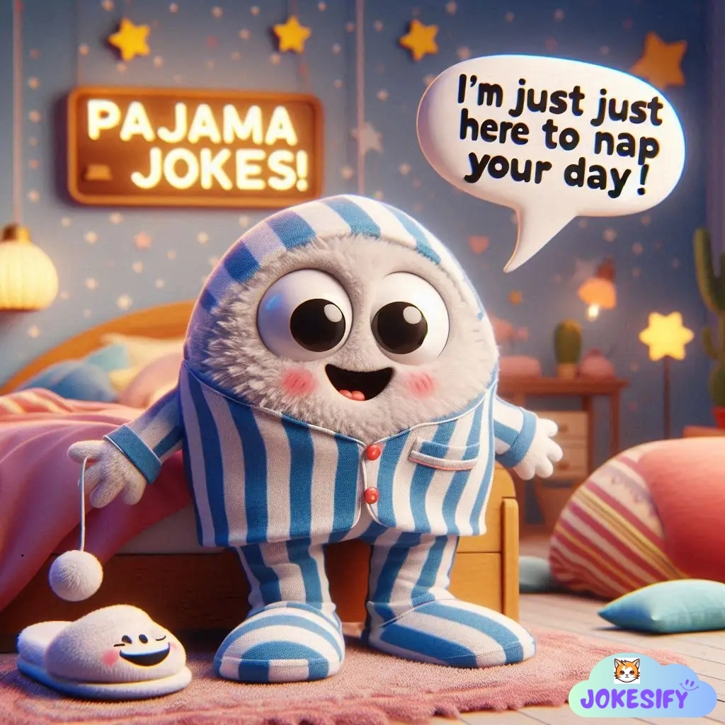 Fluffy figure in pajamas grinning, saying, "I'm just here to nap your day!"