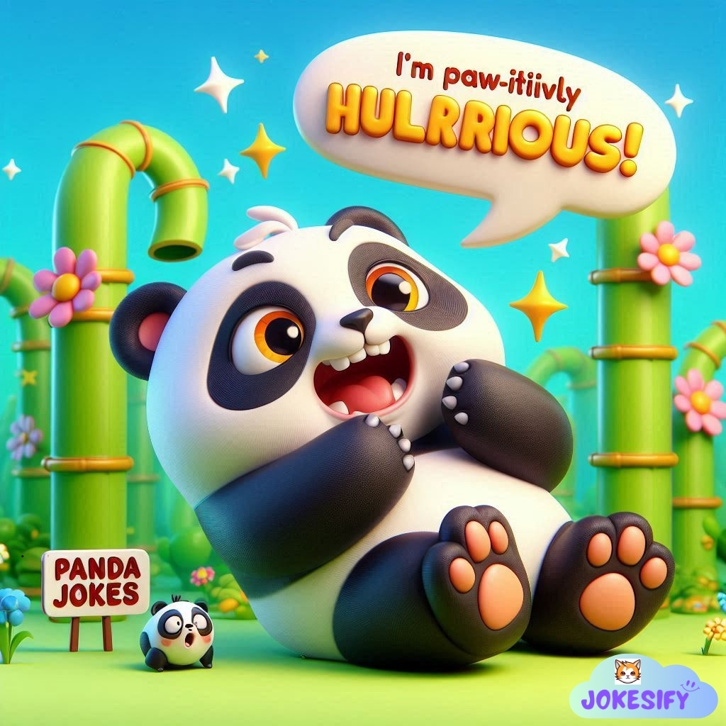 Panda with a big grin exclaims a pun in a vibrant bamboo setting.