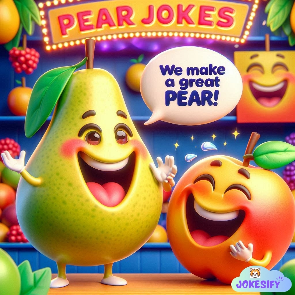 Two smiling fruits, a pear and an orange, happily chatting. The pear says, "We make a great PEAR!"