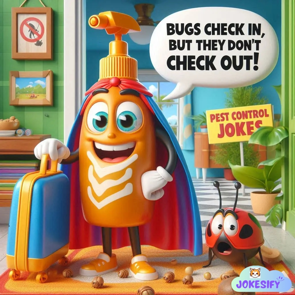 A cheerful bottle in a cape with a suitcase, surrounded by bugs.