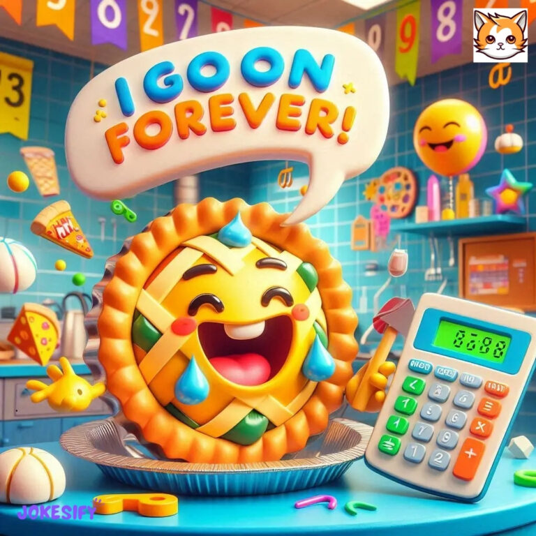 Cheerful pie with a big smile, holding a calculator and saying, "I Goon Forever!"