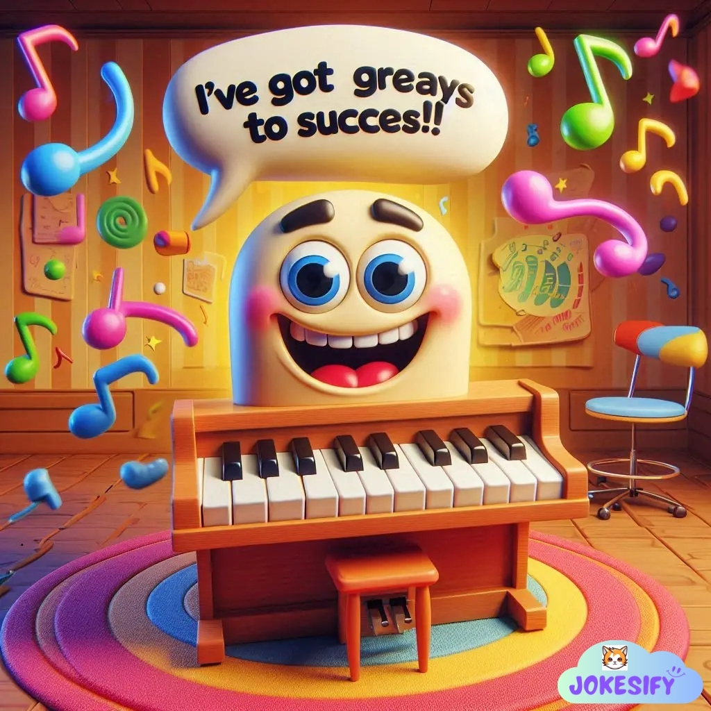 A smiling ghost plays piano with colorful musical notes around, exclaiming about success.