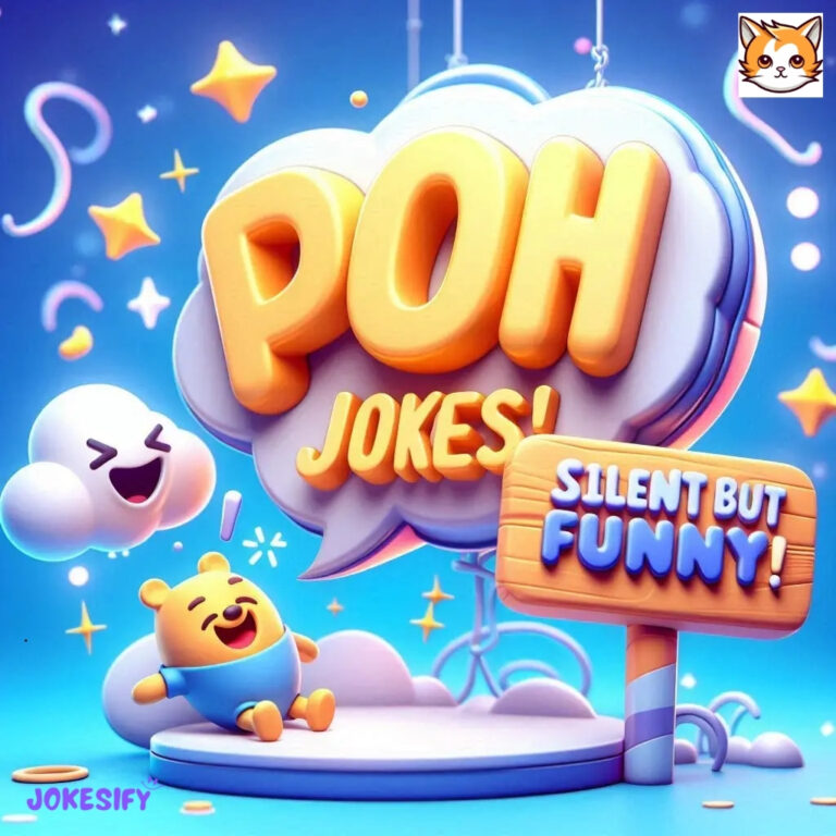 Poh Jokes logo with a smiling bear, playful clouds, and a sign saying 'Silent but Funny!'