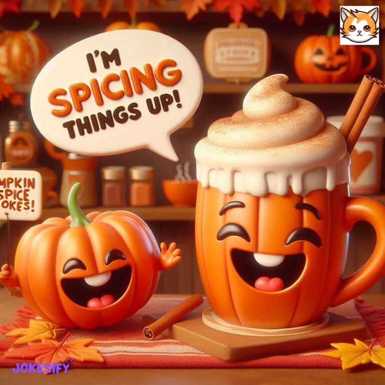 Smiling pumpkin and mug with whipped cream, speech bubble saying 'I’m spicing things up!'