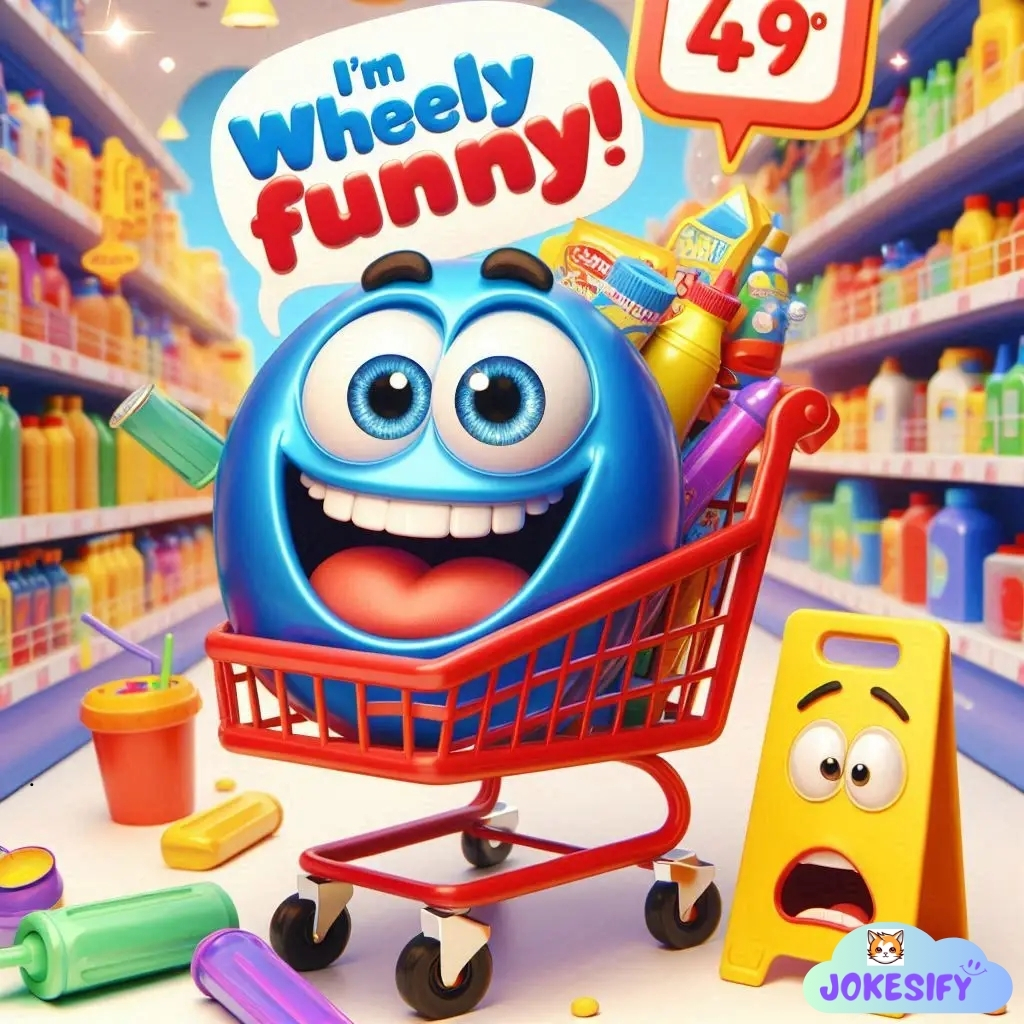 A blue sphere with big eyes grinning in a shopping cart surrounded by cleaning products.
