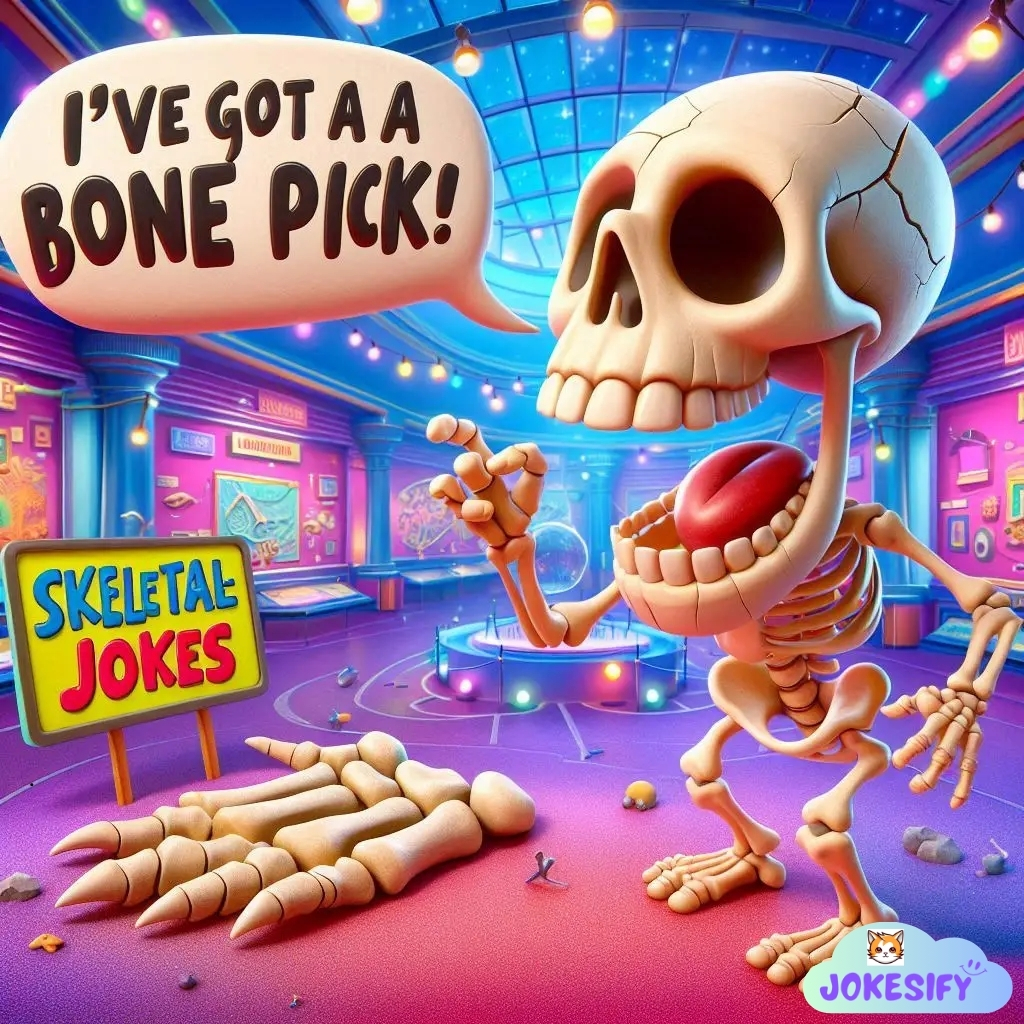 Skeleton exclaims humorously, "I've got a bone to pick!" in a vibrant joke-themed space.