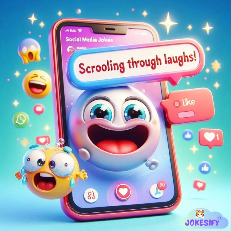 A joyful phone displaying a smiling face, surrounded by playful emojis and social media icons.