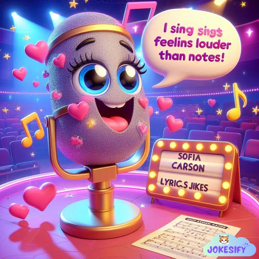 Microphone with big eyes and a smile, surrounded by music notes and hearts, saying, "I sing sings feels louder than notes!"
