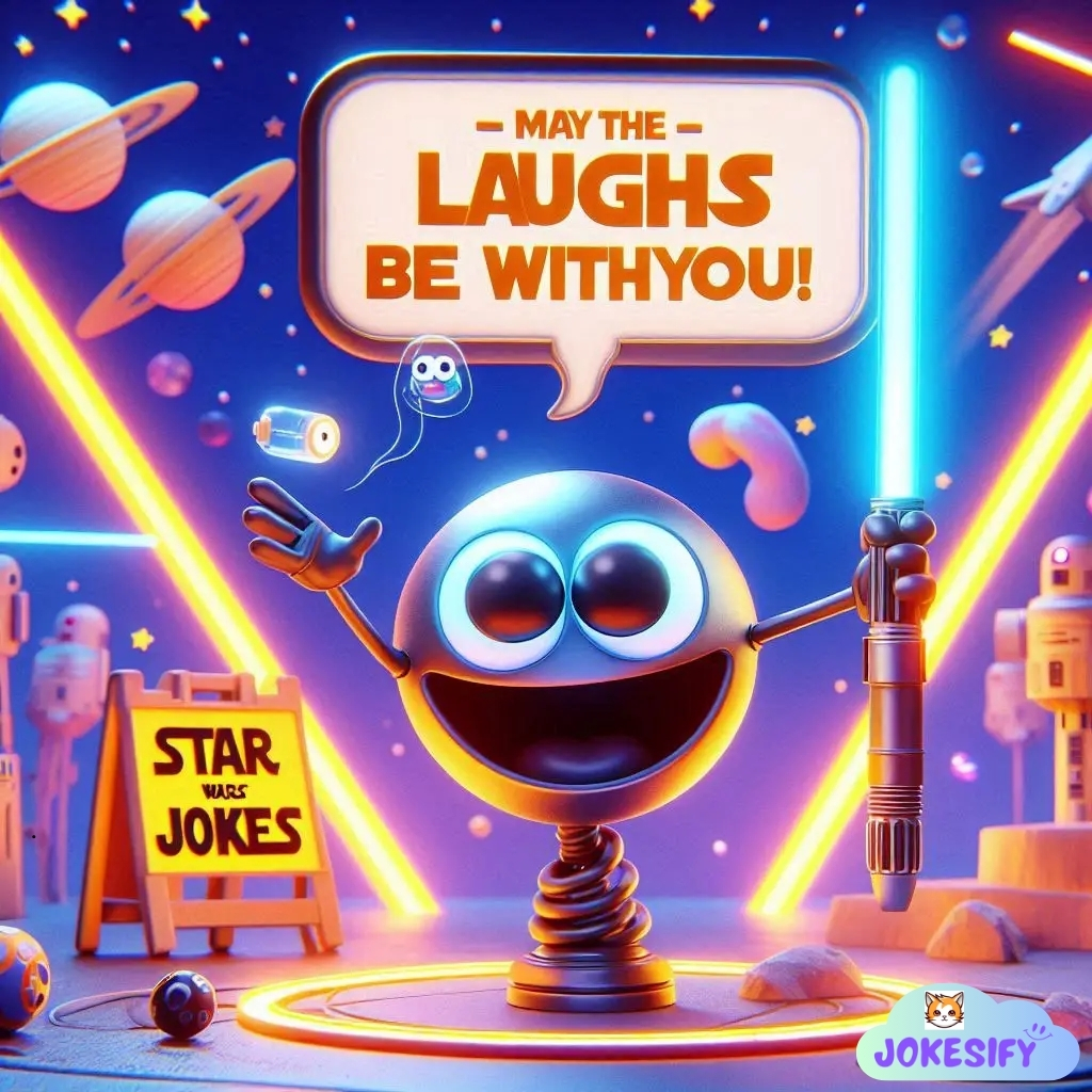 A smiling blue orb with a lightsaber, surrounded by colorful cosmic elements and a sign reading 'Star Wars Jokes'.