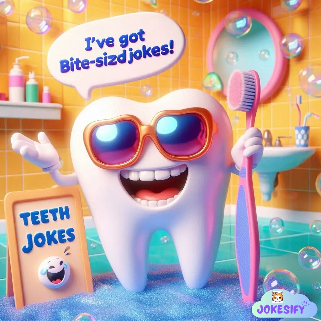 Smiling tooth character in sunglasses holds a toothbrush and announces bite-sized jokes in a colorful bathroom.