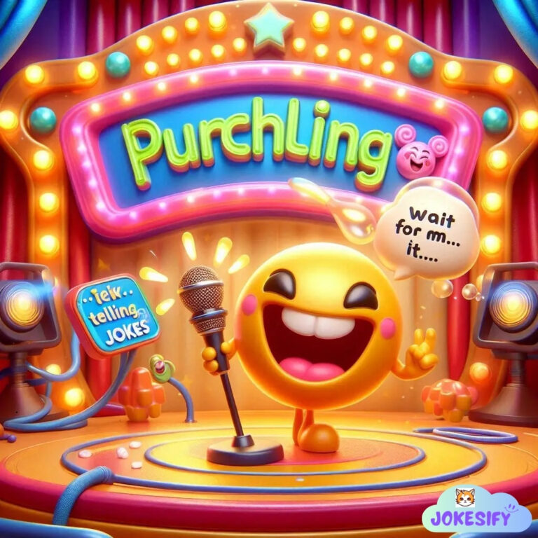 A joyful yellow face with a microphone, standing on stage with bright lights and a sign reading 'Purchling'.