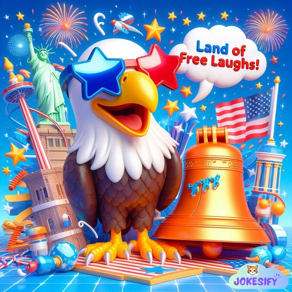 Eagle wearing star-shaped glasses stands proudly with symbols of America.