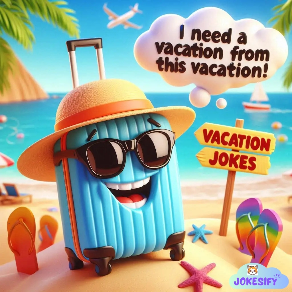 Smiling suitcase with a sun hat and sunglasses, expressing a desire for a vacation.