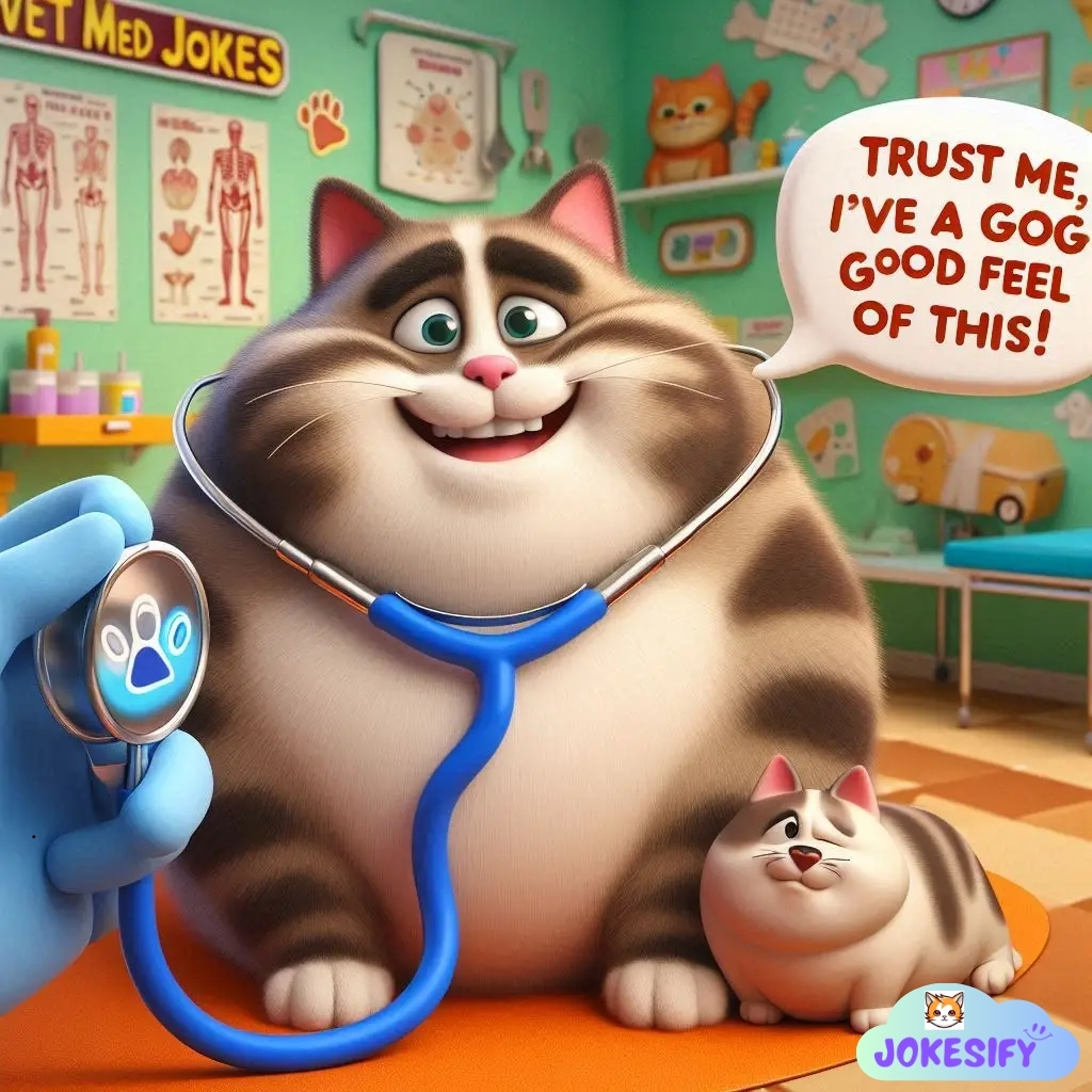 A chubby cat in a vet office, smiling with a stethoscope around its neck.