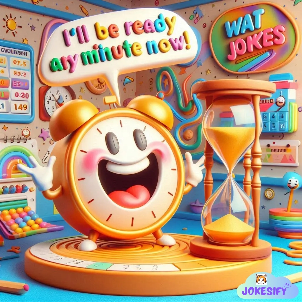 A smiling clock exclaims, "I’ll be ready any minute now!" with an hourglass beside it.