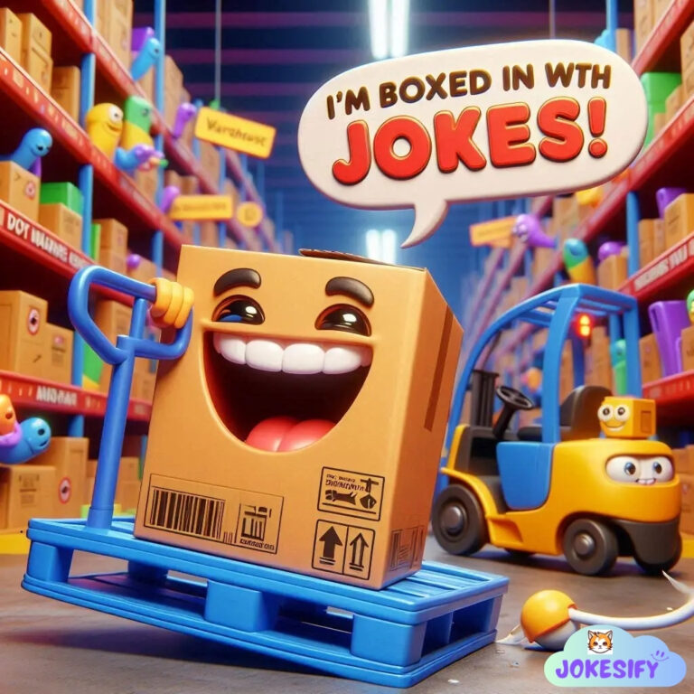 Smiling box on a pallet in a colorful warehouse, with cheerful characters in the background.