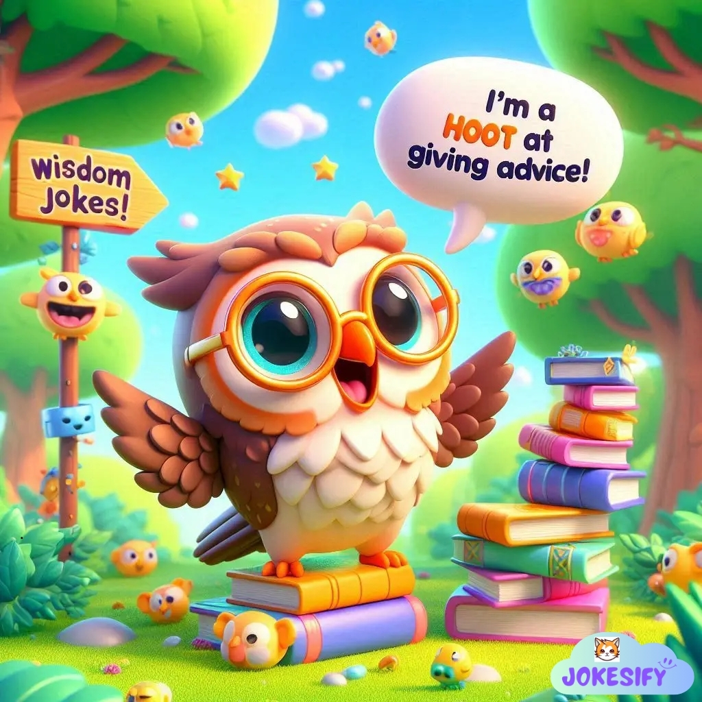 Owl wearing glasses stands on books, proclaiming, "I'm a HOOT at giving advice!"